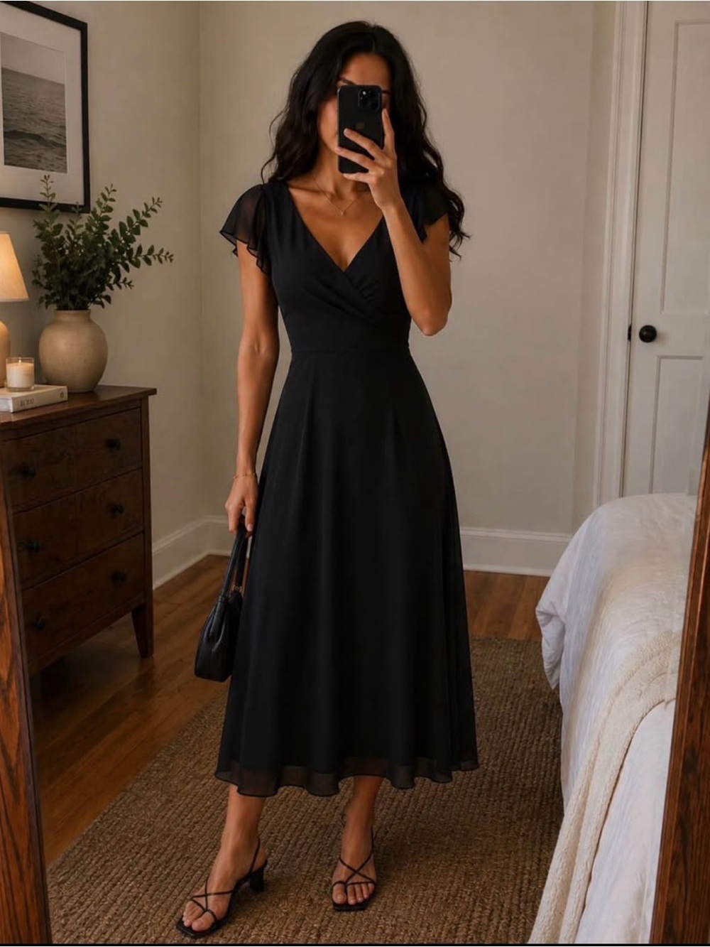 Jones New York Black V-Neck Flutter Sleeve Midi Dress